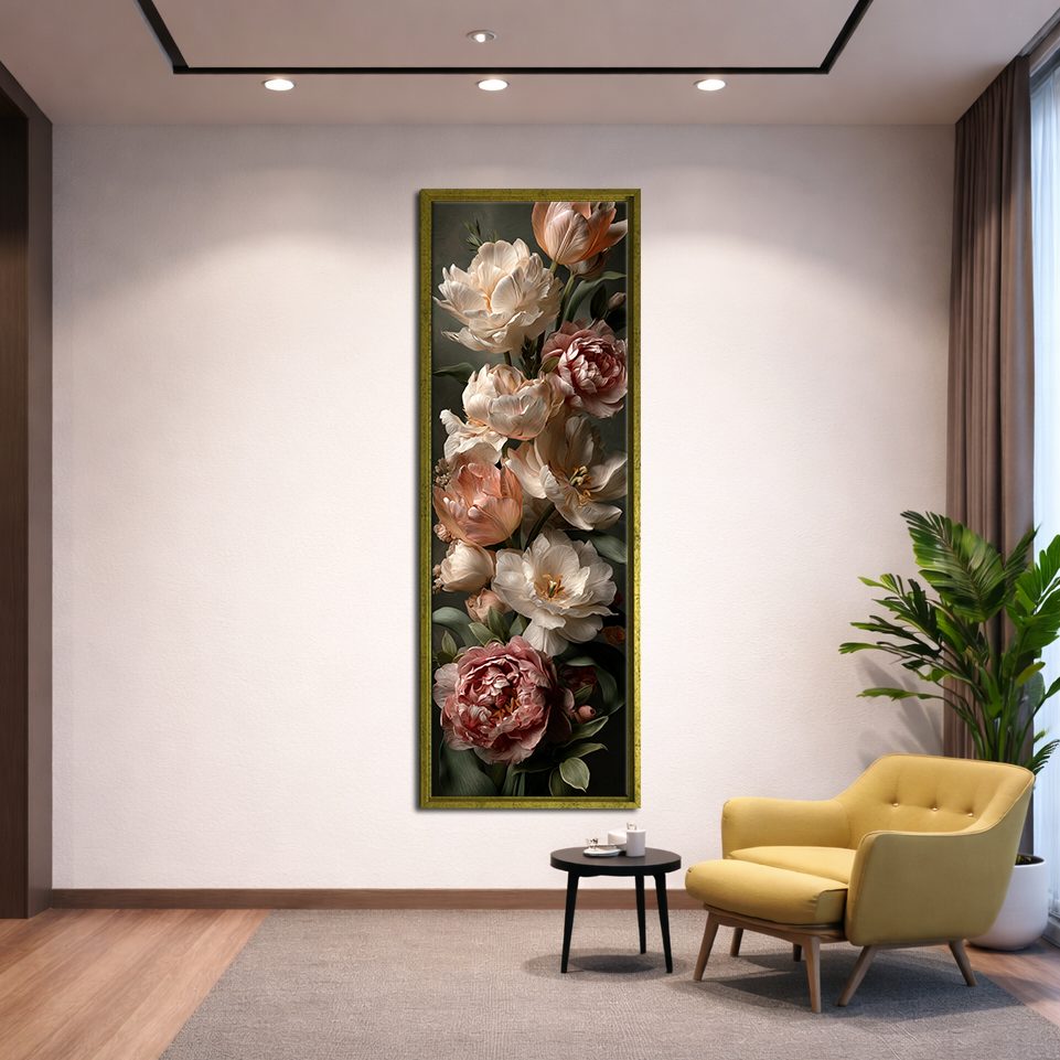 Vintage Roses and Peonies Bouquet canvas wall art, gold floating frame