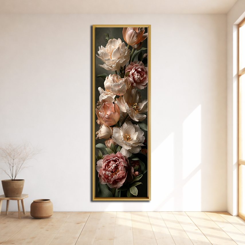 Vintage Roses and Peonies Bouquet canvas wall art, natural wood floating frame
