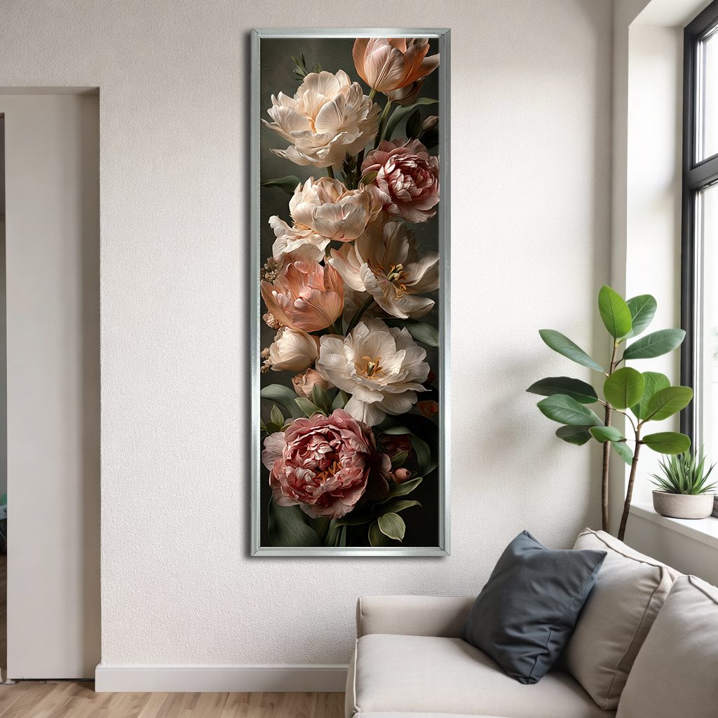 Vintage Roses and Peonies Bouquet canvas wall art, silver floating frame