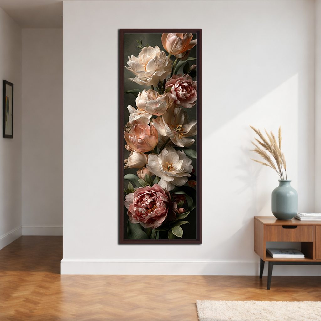 Vintage Roses and Peonies Bouquet canvas wall art, walnut floating frame