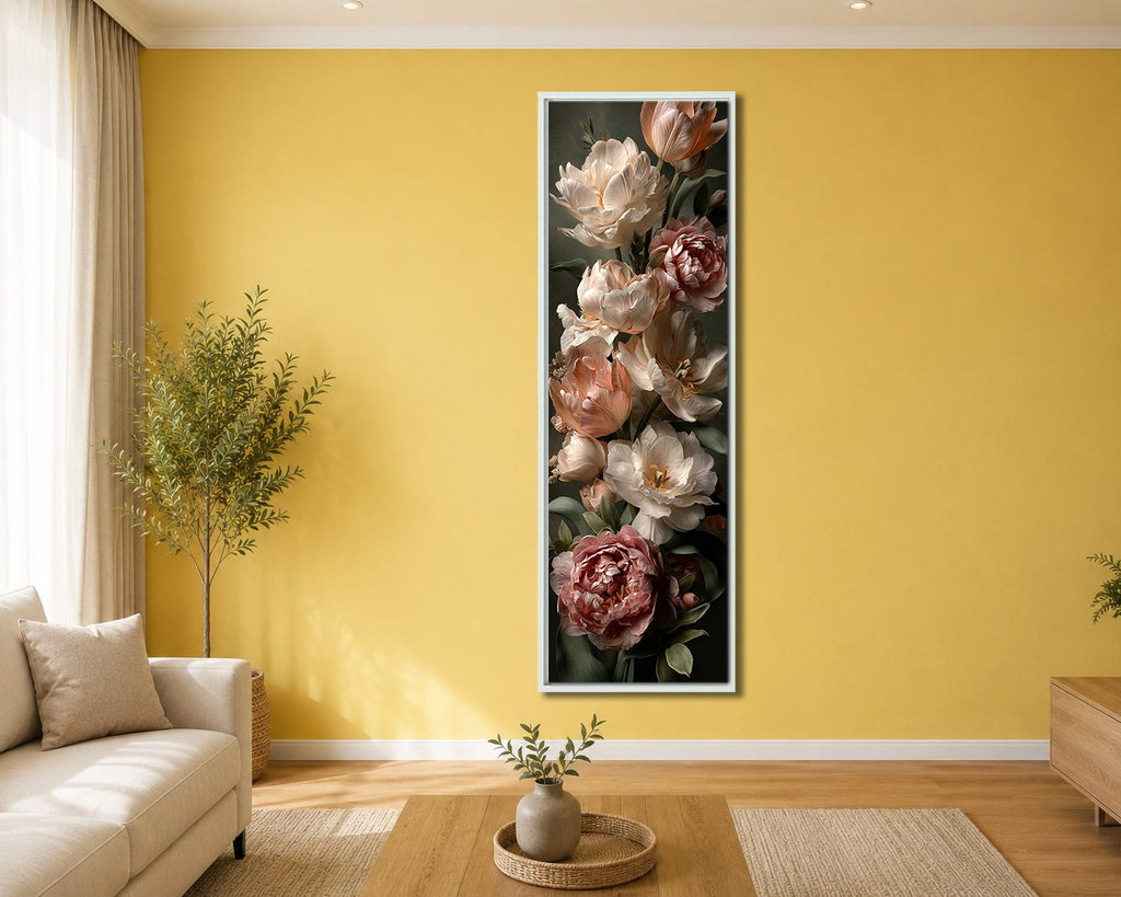 Vintage Roses and Peonies Bouquet canvas wall art, white floating frame