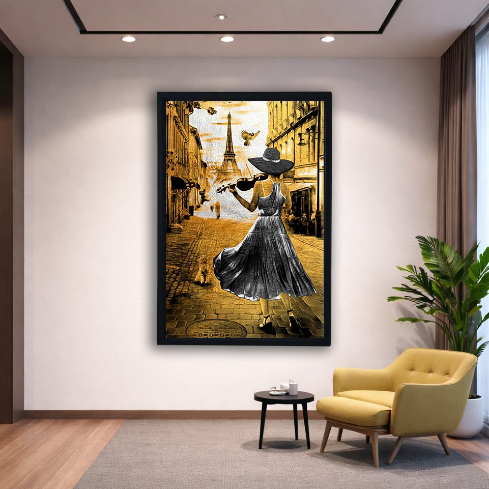 Violinist Woman in Paris Gold canvas wall art, black floating frame
