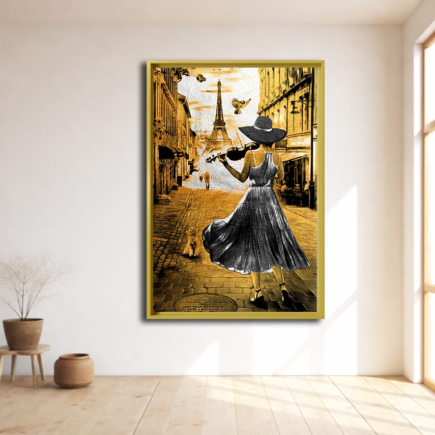 Violinist Woman in Paris Gold canvas wall art, natural wood floating frame