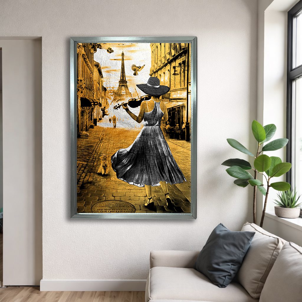 Violinist Woman in Paris Gold canvas wall art, silver floating frame