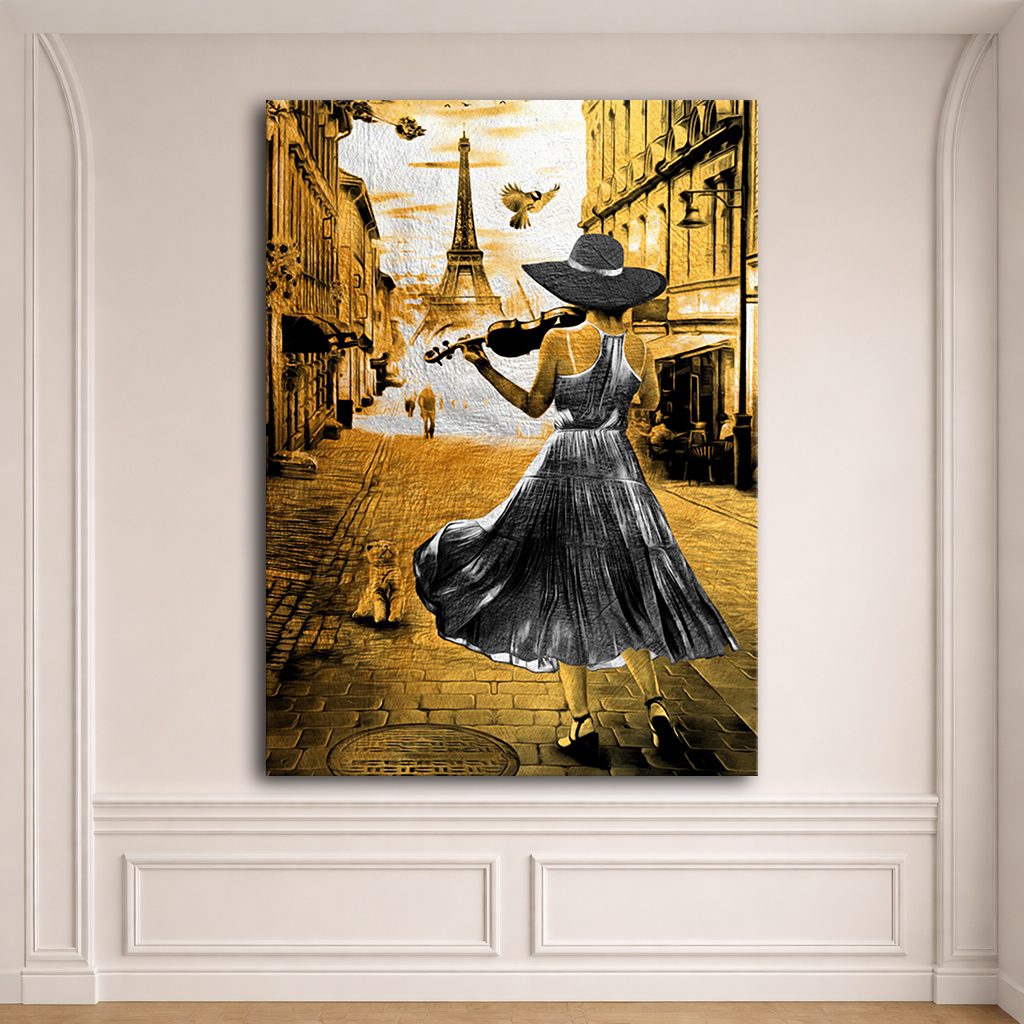 Violinist Woman in Paris Gold canvas wall art, unframed canvas