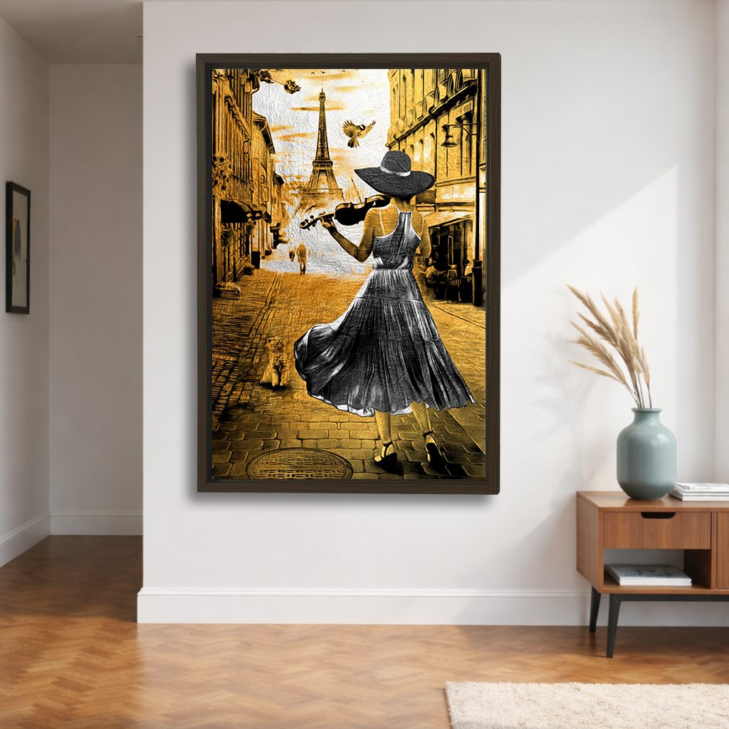 Violinist Woman in Paris Gold canvas wall art, walnut floating frame