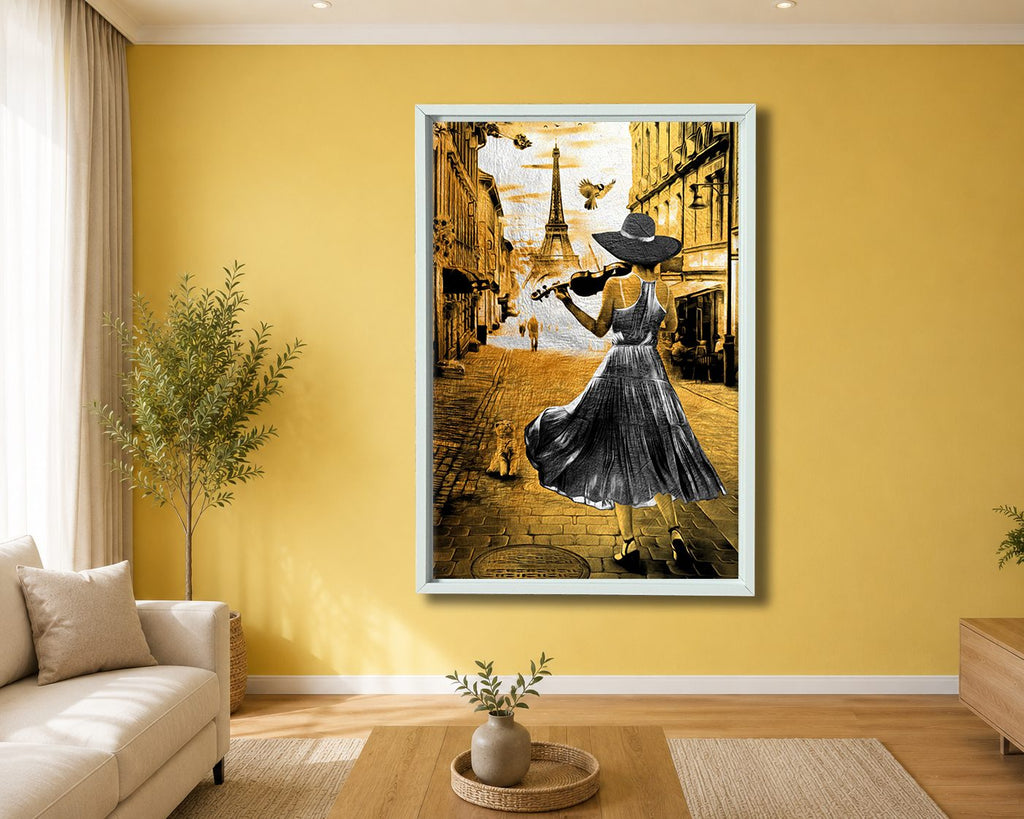Violinist Woman in Paris Gold canvas wall art, white floating frame