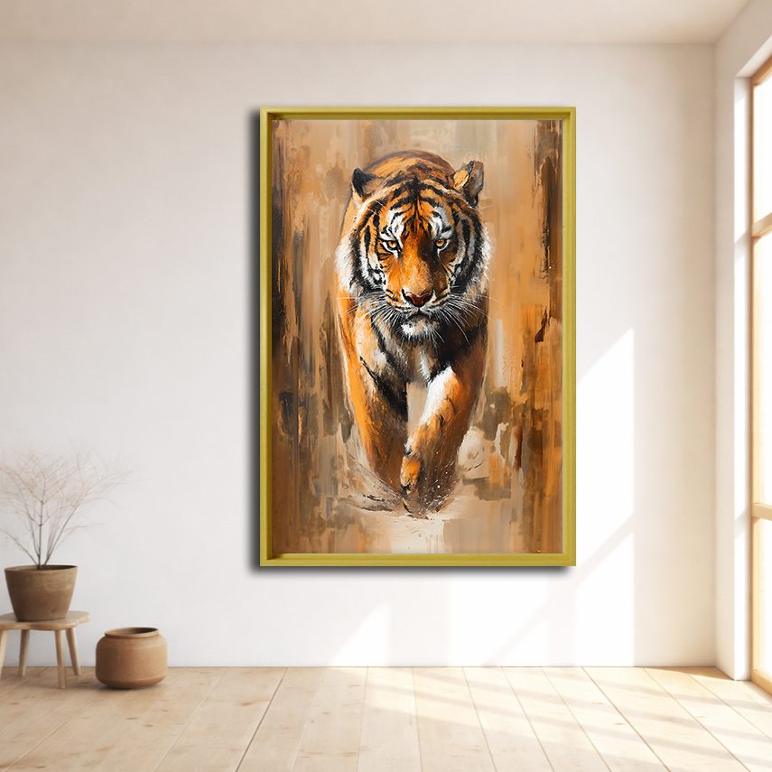 Walking Tiger Painting canvas wall art, natural wood floating frame