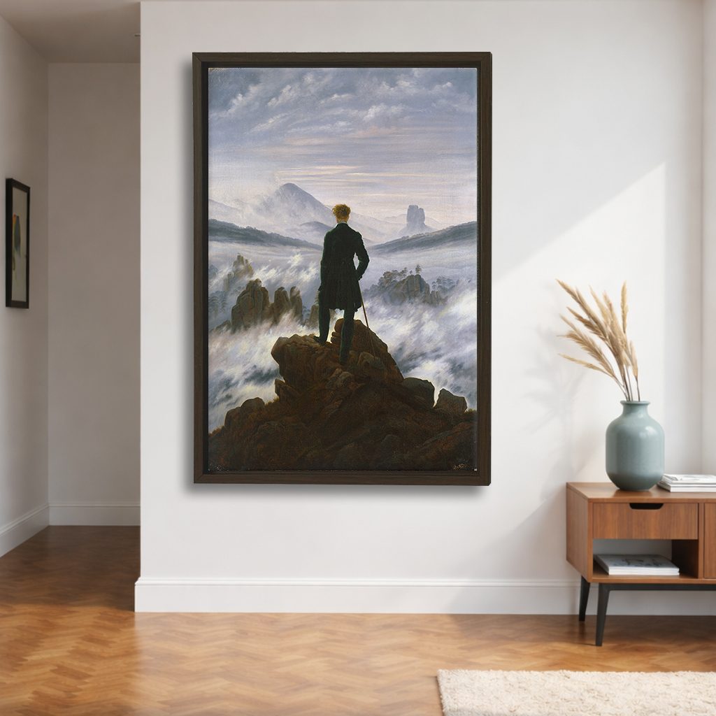 Wanderer above the Sea of Fog by Caspar David Friedrich canvas wall art, walnut floating frame