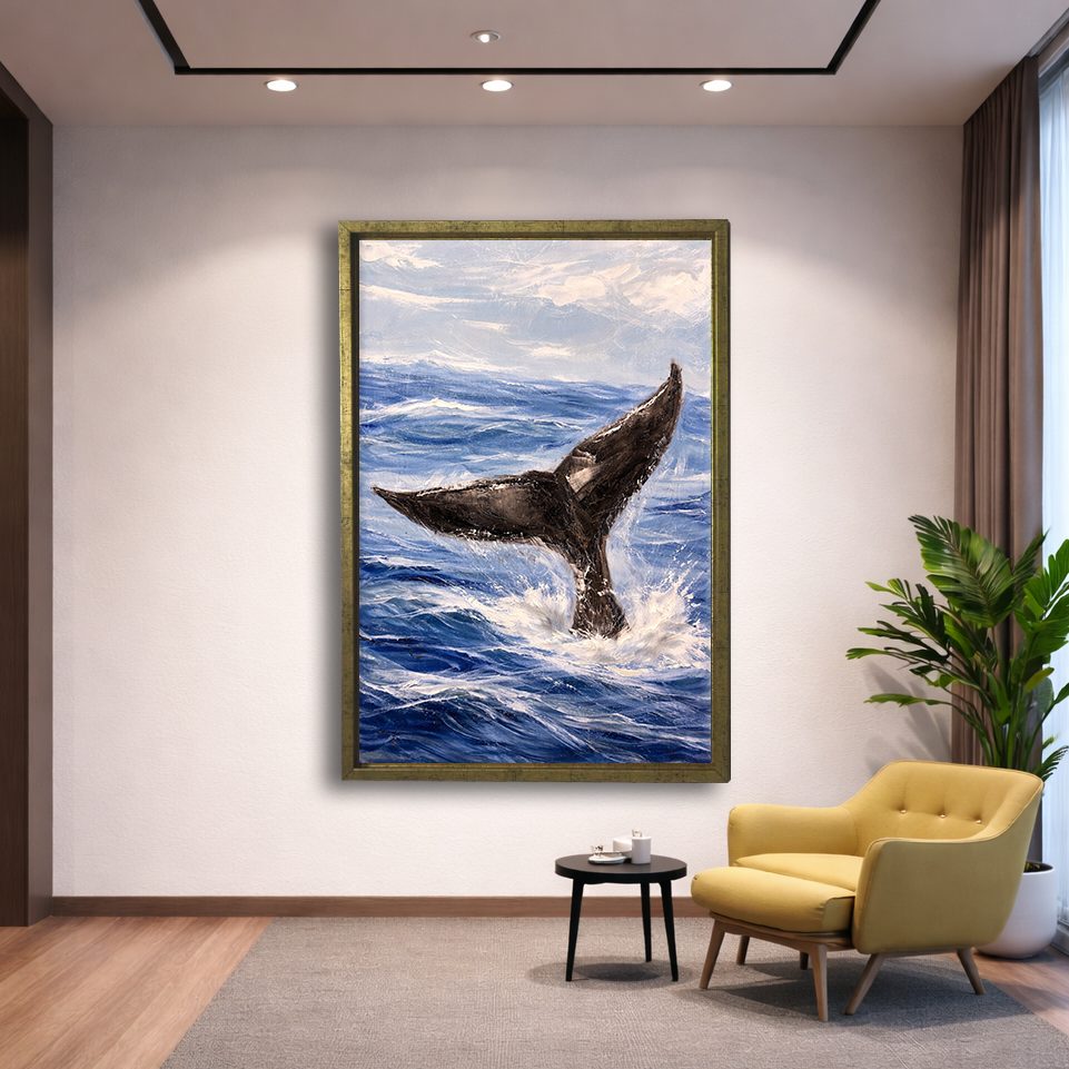 Whale Tail in Ocean Waves canvas wall art, gold floating frame