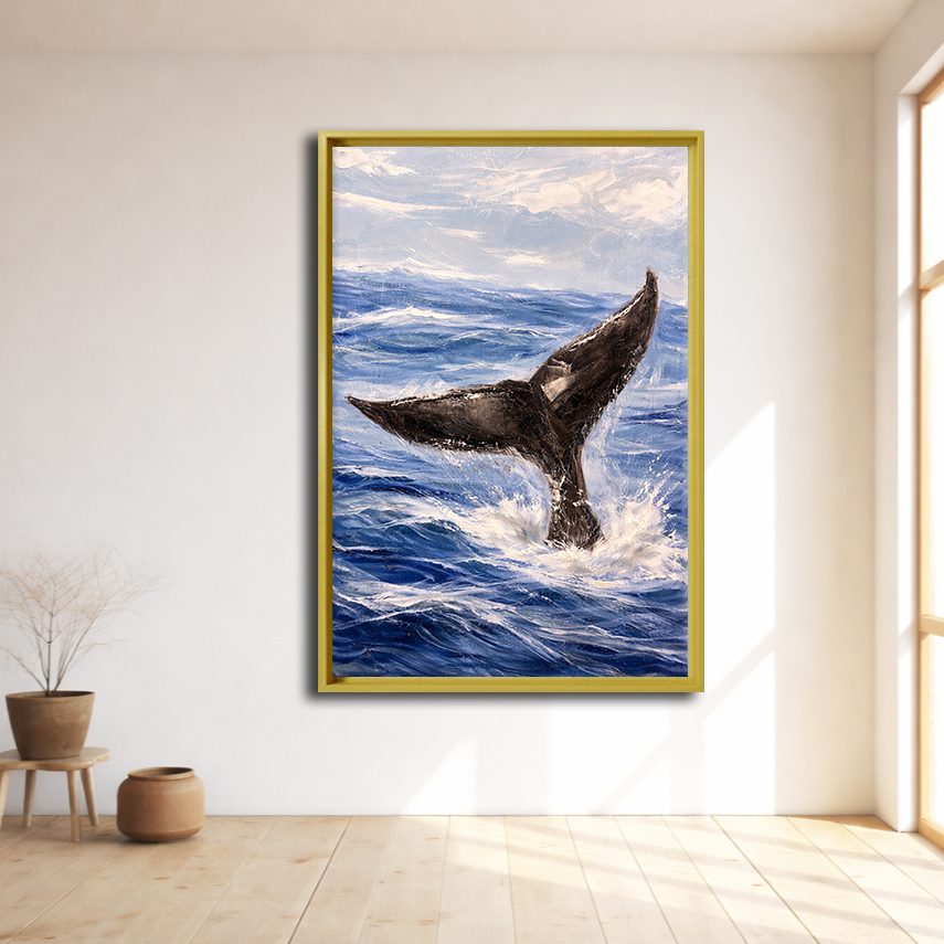 Whale Tail in Ocean Waves canvas wall art, natural wood floating frame