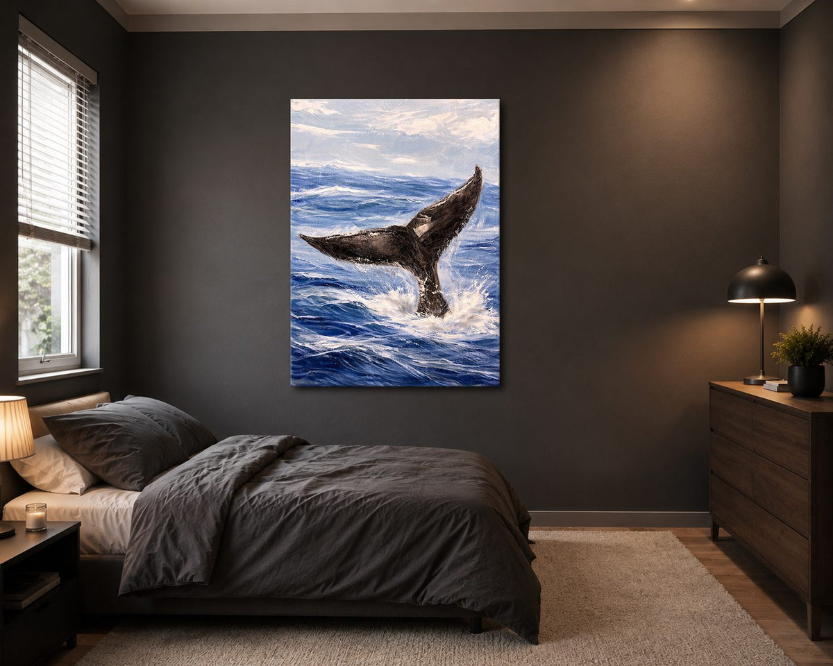 Whale Tail in Ocean Waves canvas wall art, unframed canvas