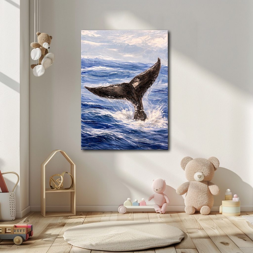 Whale Tail in Ocean Waves canvas wall art, unframed canvas