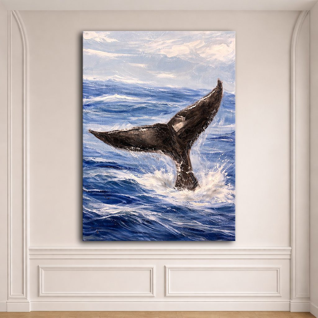 Whale Tail in Ocean Waves canvas wall art, unframed canvas