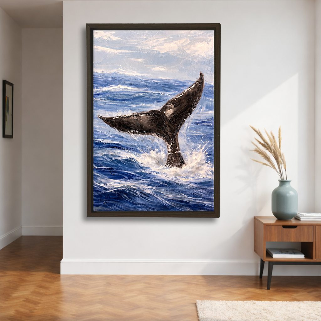Whale Tail in Ocean Waves canvas wall art, walnut floating frame
