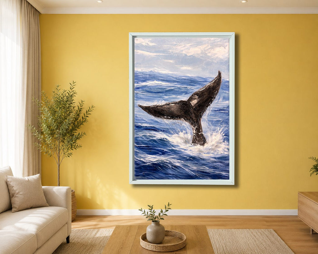 Whale Tail in Ocean Waves canvas wall art, white floating frame