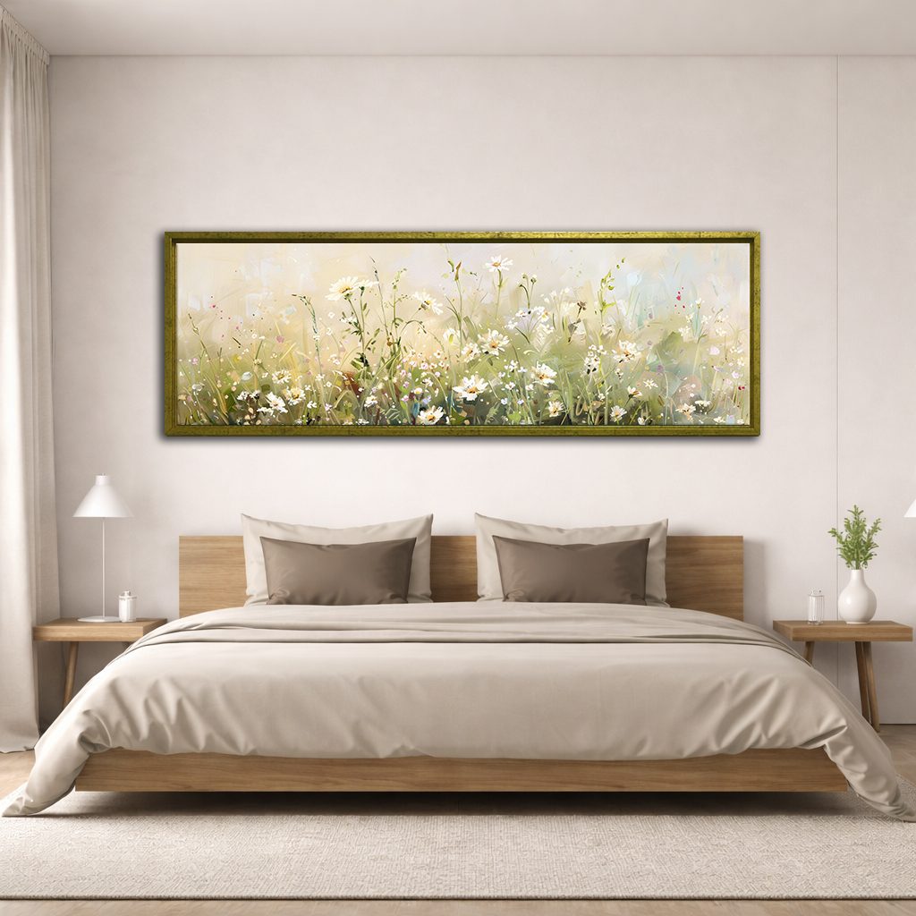White Daisy Meadow canvas wall art, antique gold floating frame