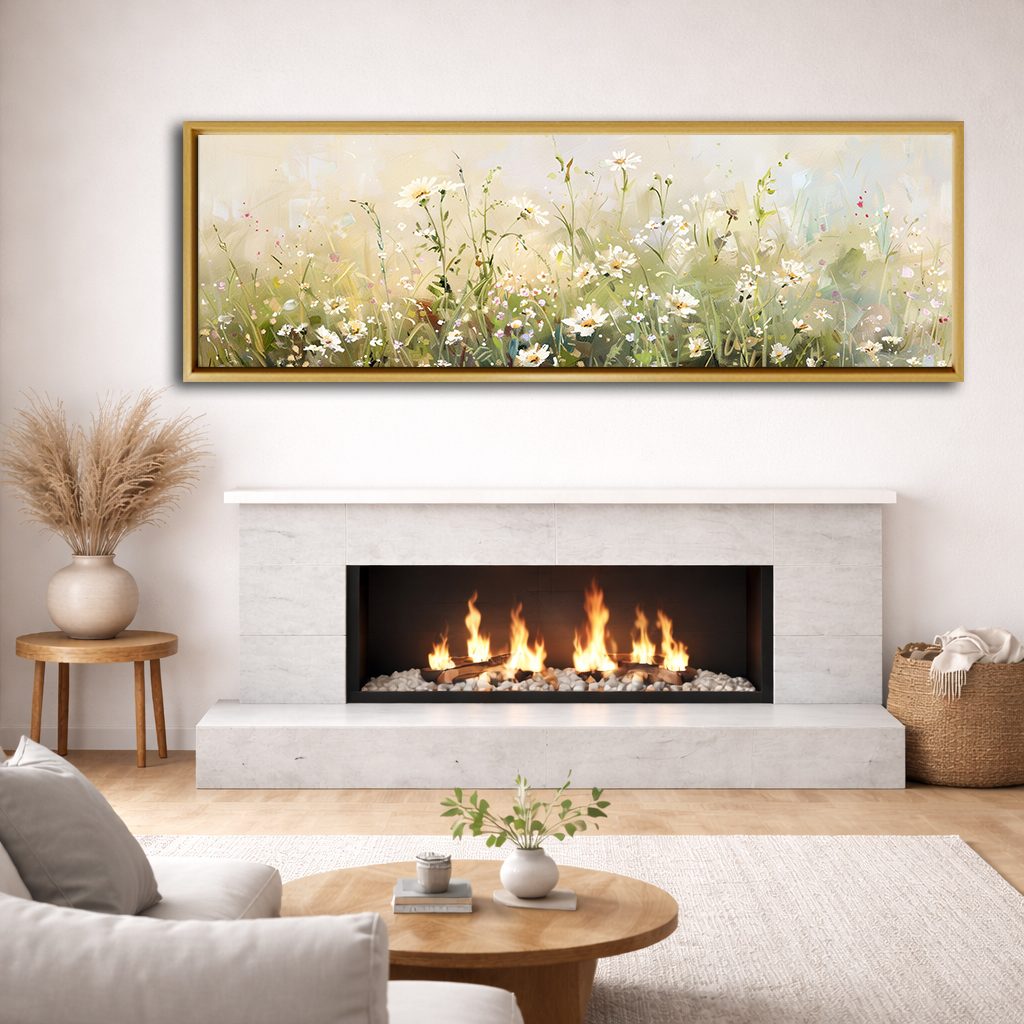 White Daisy Meadow canvas wall art, natural wood floating frame