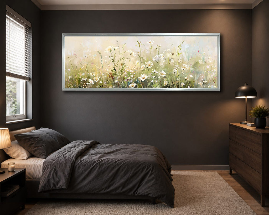 White Daisy Meadow canvas wall art, silver floating frame