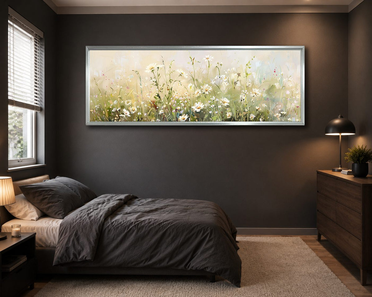 White Daisy Meadow canvas wall art, silver floating frame