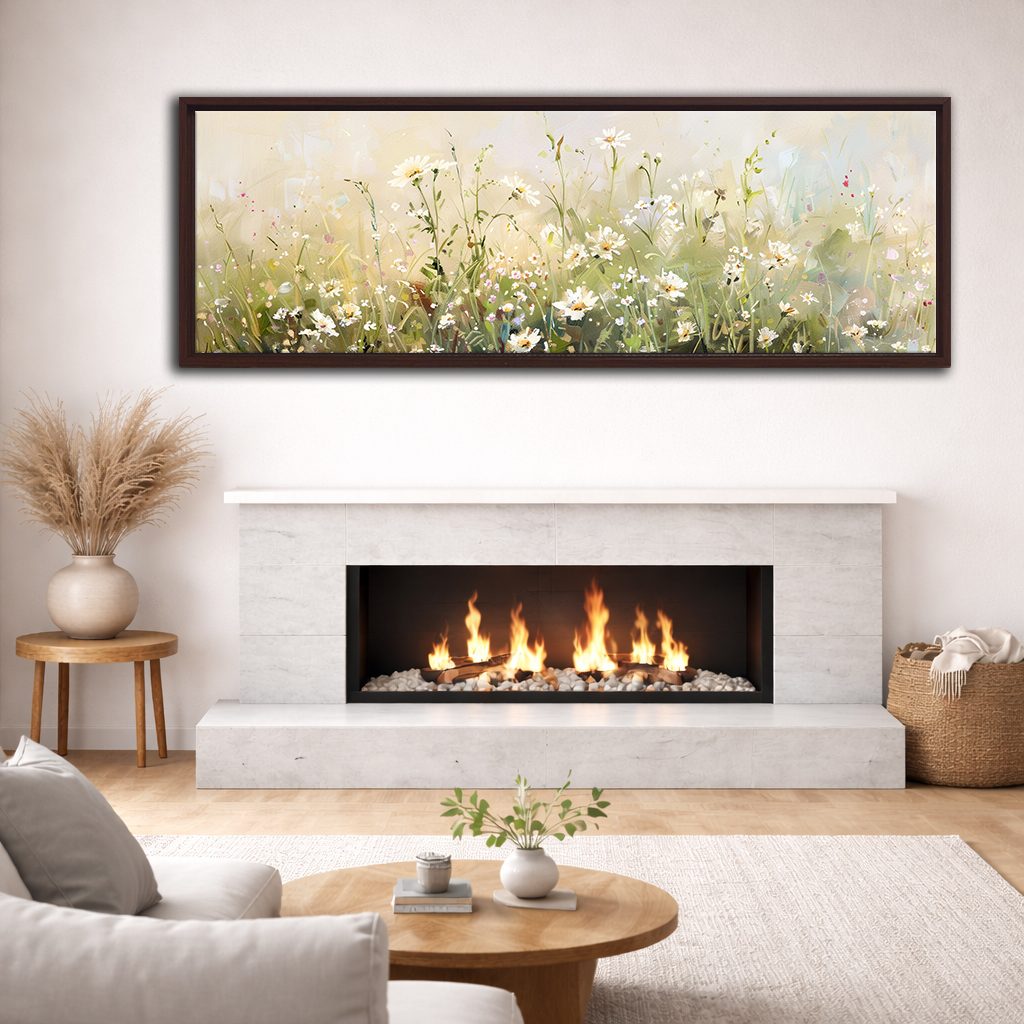 White Daisy Meadow canvas wall art, walnut floating frame