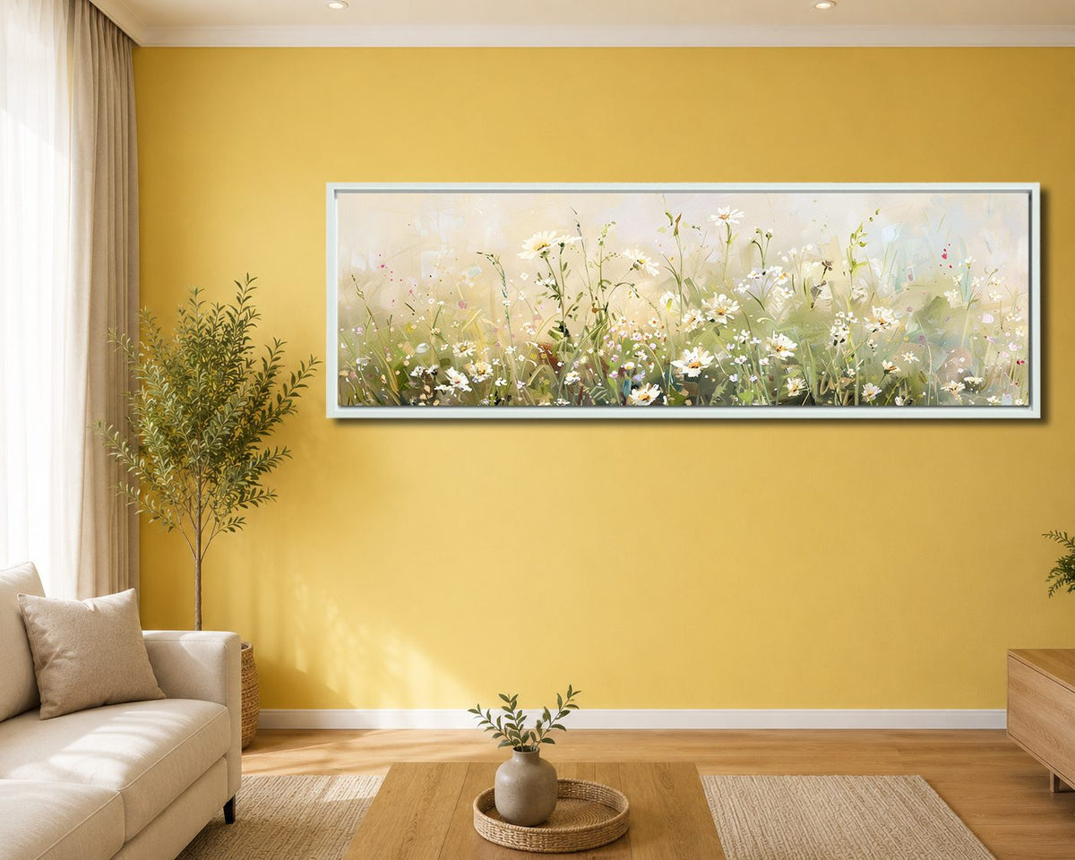 White Daisy Meadow canvas wall art, white floating frame