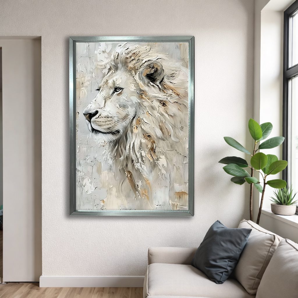 White Lion Textured Portrait canvas wall art, silver floating frame