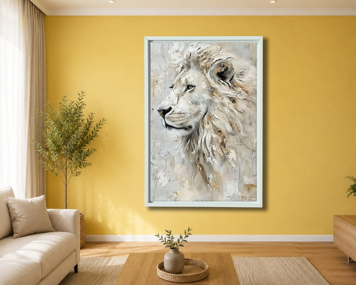 White Lion Textured Portrait canvas wall art, white floating frame