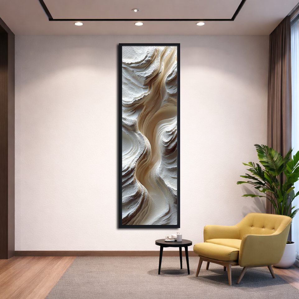 White Sculptural Wave Abstract canvas wall art, black floating frame