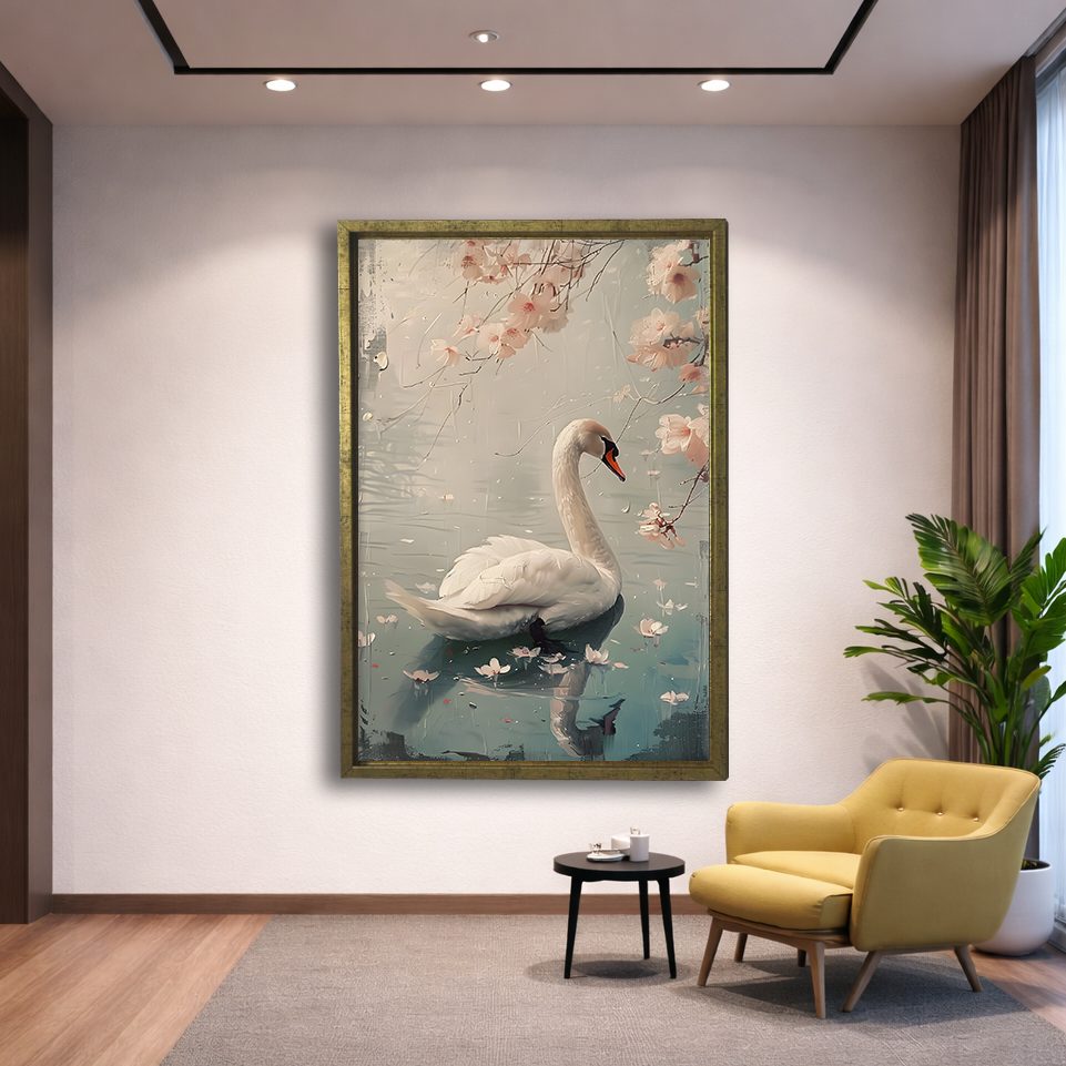 White Swan with Cherry Blossoms canvas wall art, gold floating frame