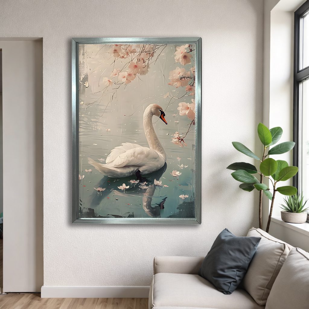 White Swan with Cherry Blossoms canvas wall art, silver floating frame