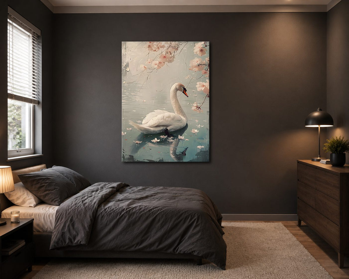 White Swan with Cherry Blossoms canvas wall art, unframed canvas