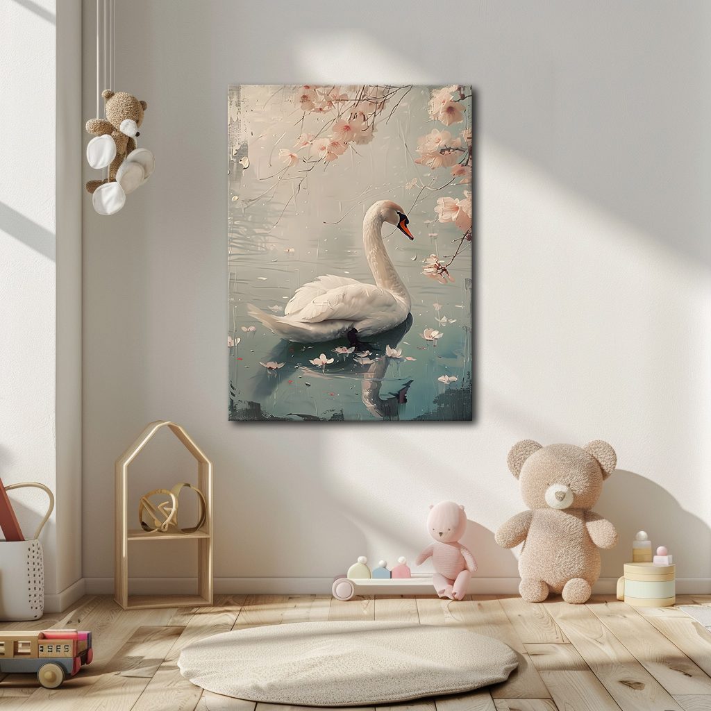 White Swan with Cherry Blossoms canvas wall art, unframed canvas
