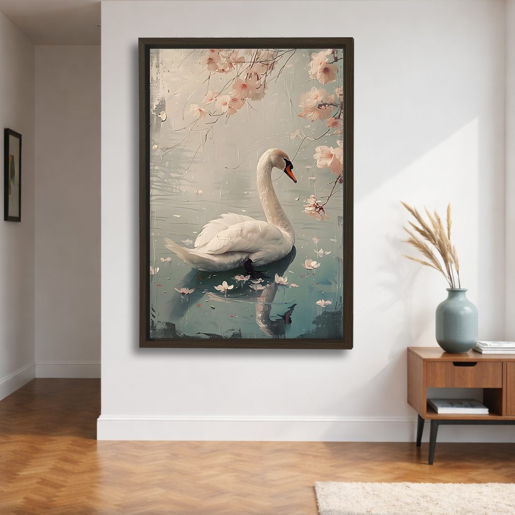 White Swan with Cherry Blossoms canvas wall art, walnut floating frame