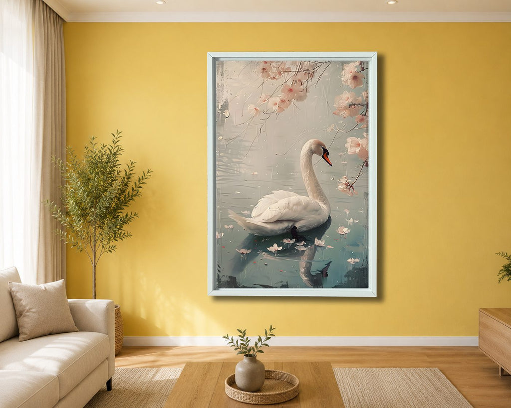 White Swan with Cherry Blossoms canvas wall art, white floating frame