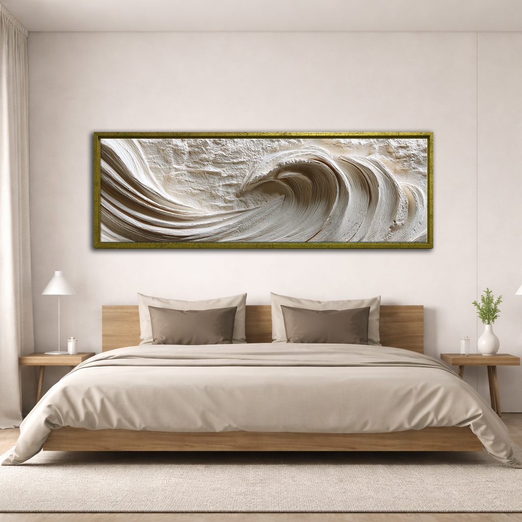 White Textured Ocean Wave Relief canvas wall art, antique gold floating frame