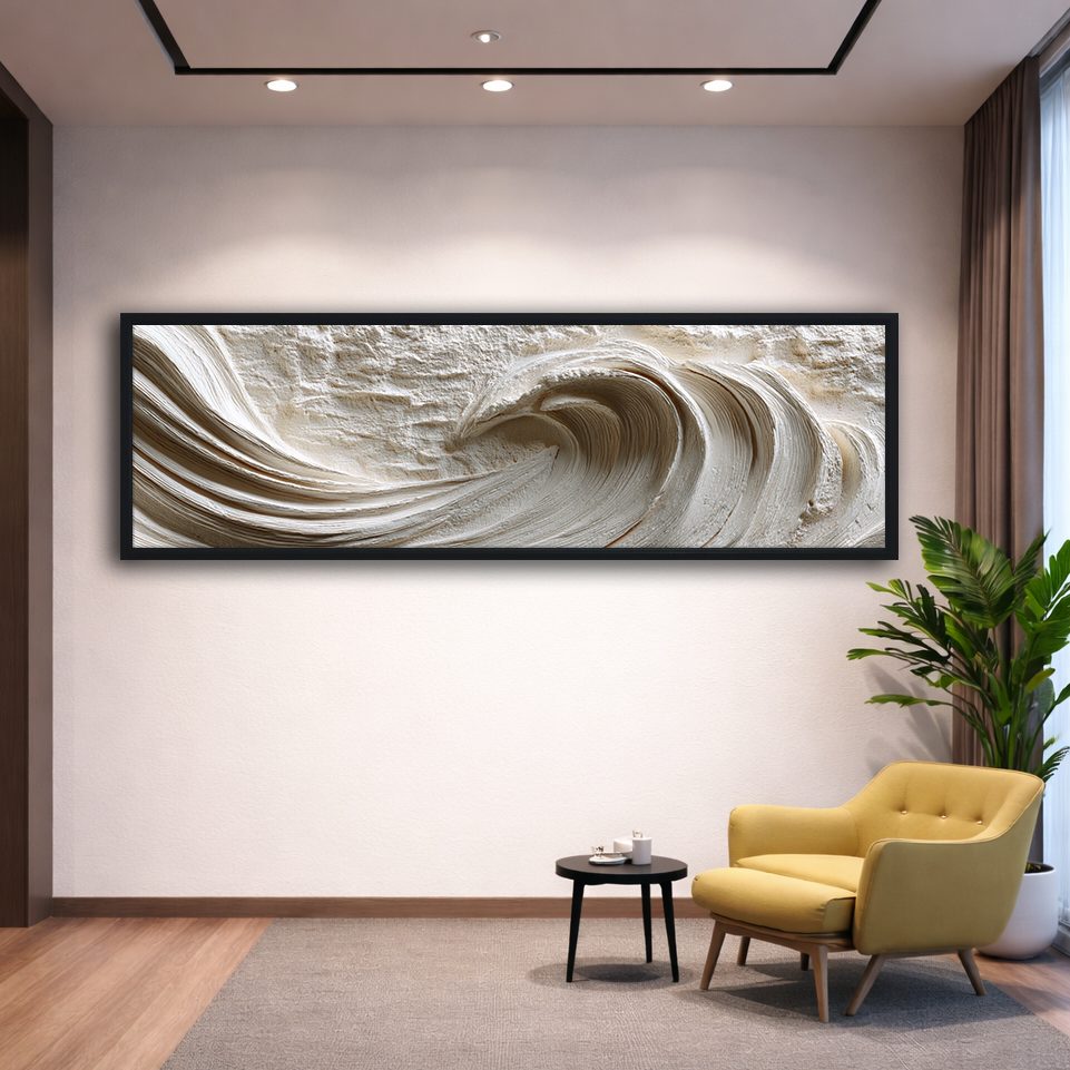 White Textured Ocean Wave Relief canvas wall art, black floating frame