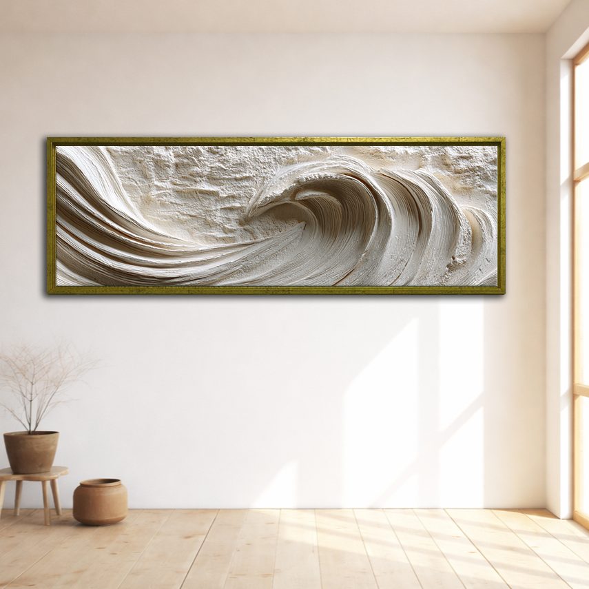 White Textured Ocean Wave Relief canvas wall art, gold floating frame