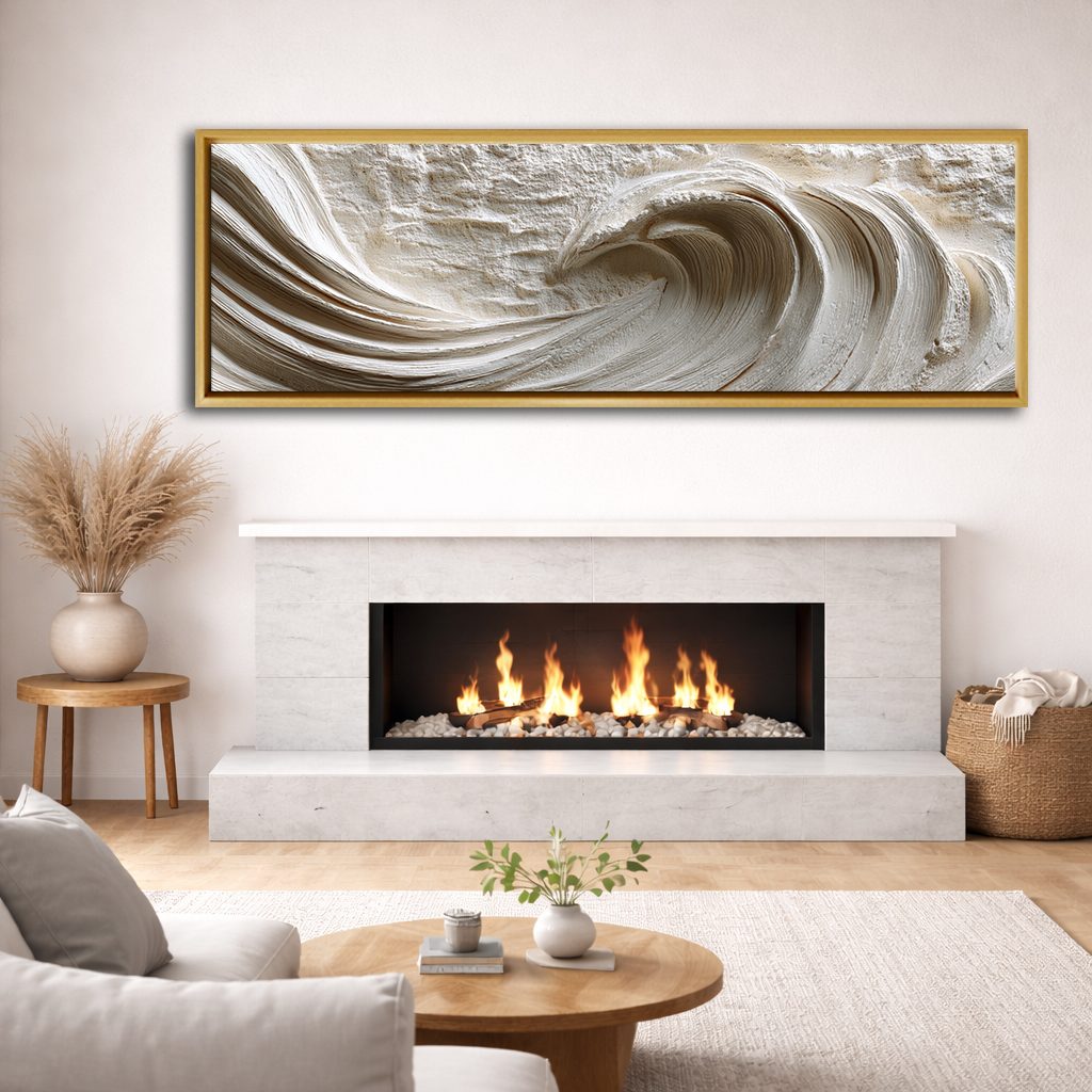 White Textured Ocean Wave Relief canvas wall art, natural wood floating frame