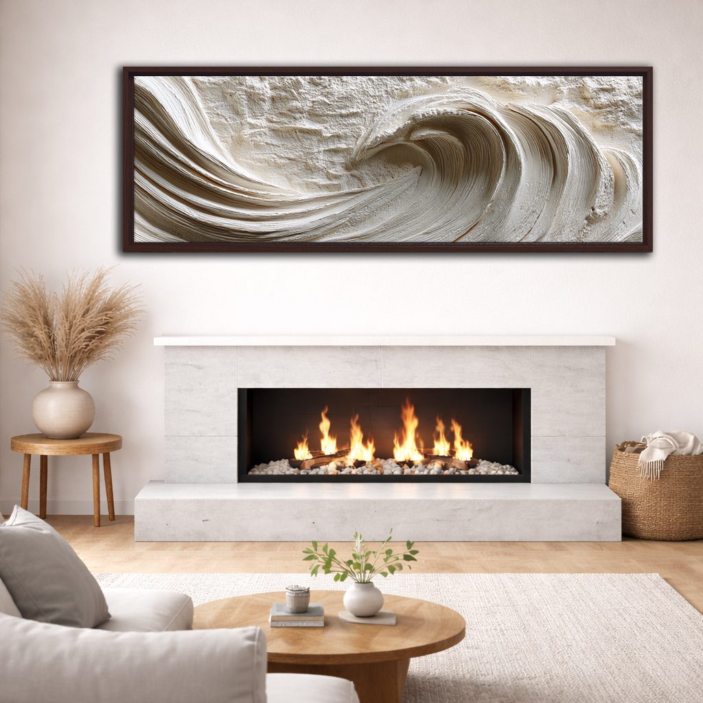White Textured Ocean Wave Relief canvas wall art, walnut floating frame