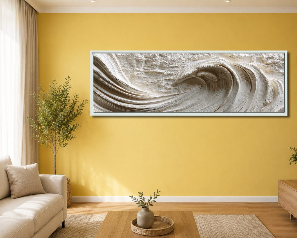 White Textured Ocean Wave Relief canvas wall art, white floating frame