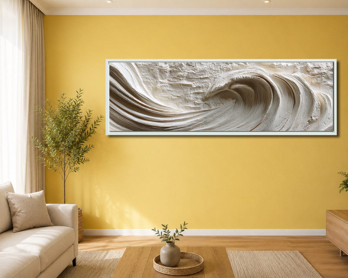 White Textured Ocean Wave Relief canvas wall art, white floating frame