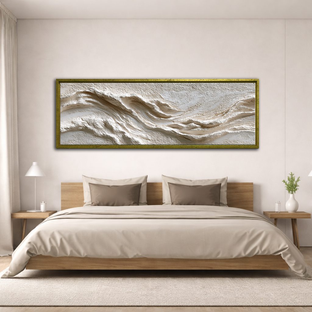 White Textured Wave Relief canvas wall art, antique gold floating frame