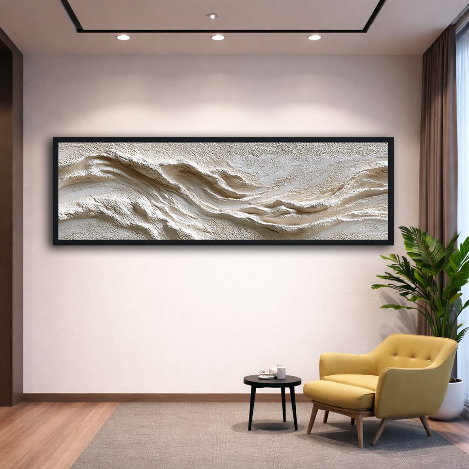White Textured Wave Relief canvas wall art, black floating frame