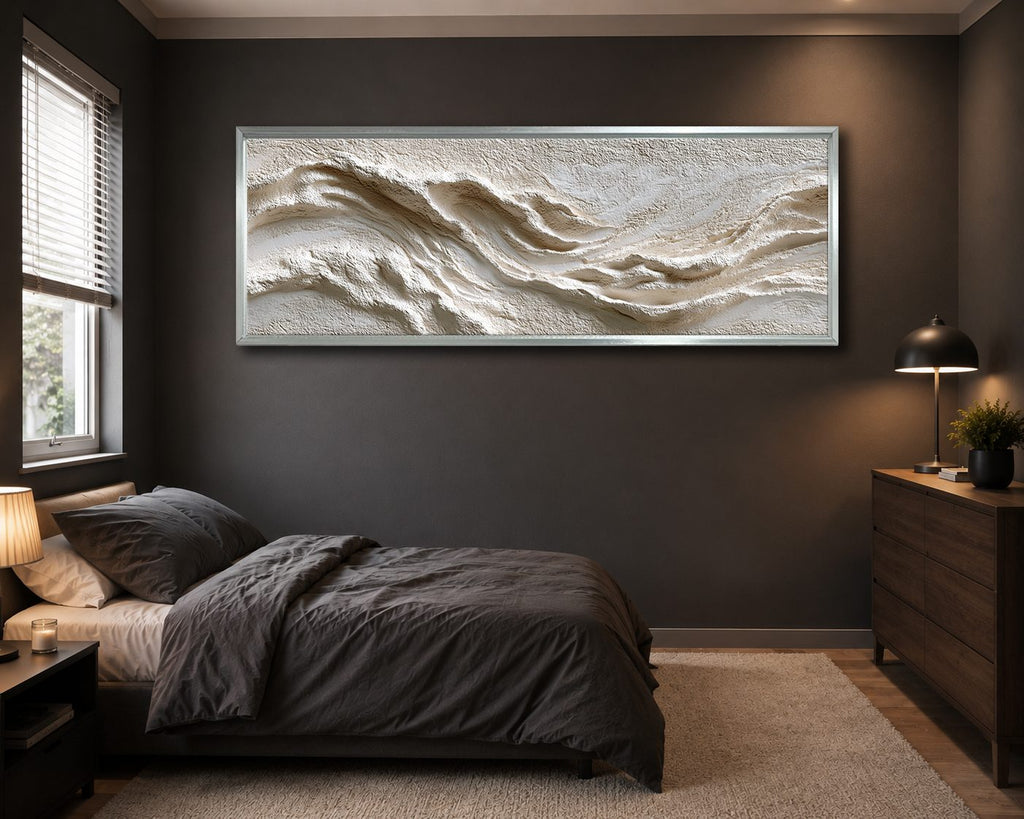 White Textured Wave Relief canvas wall art, silver floating frame