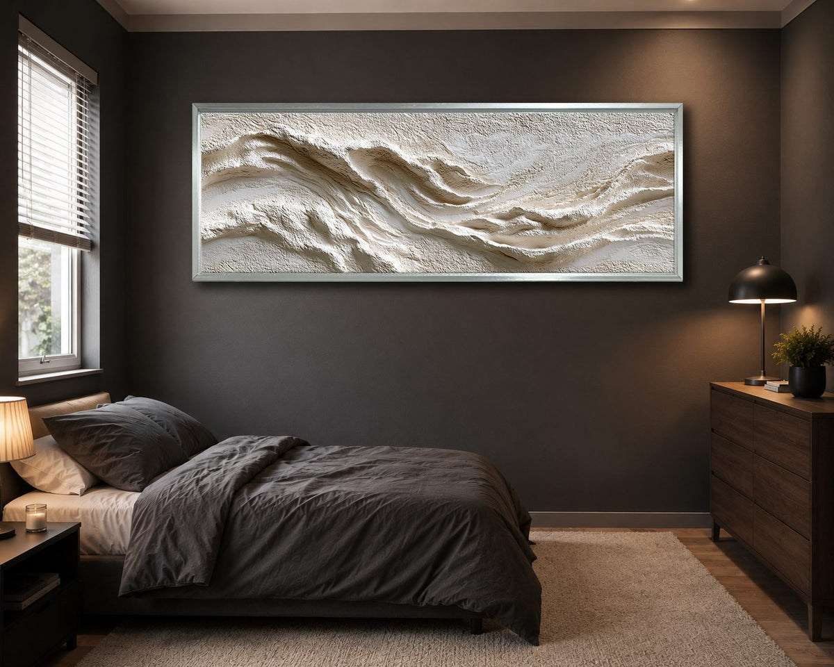 White Textured Wave Relief canvas wall art, silver floating frame