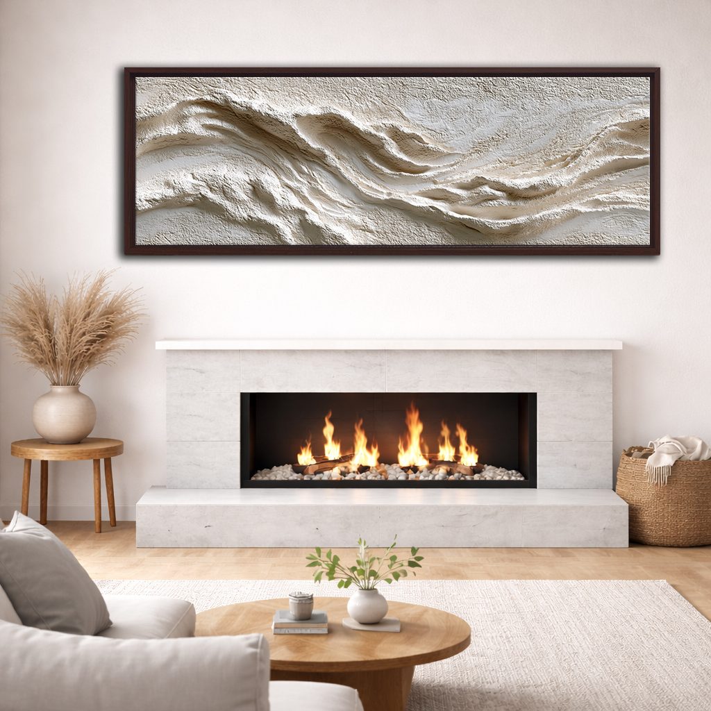 White Textured Wave Relief canvas wall art, walnut floating frame