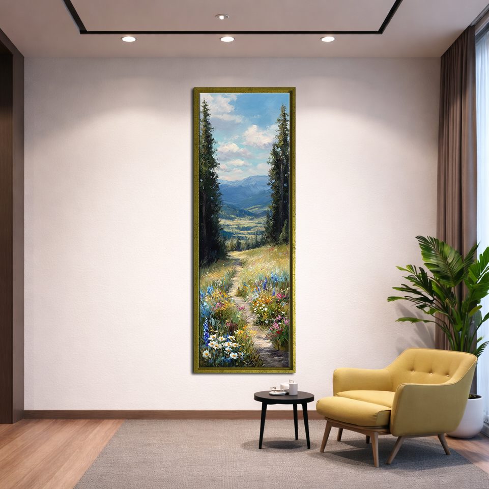 Wildflower Meadow Mountain View canvas wall art, gold floating frame