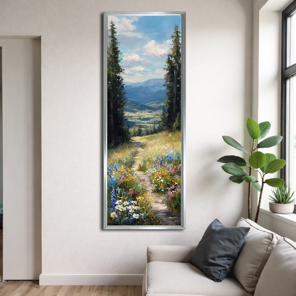 Wildflower Meadow Mountain View canvas wall art, silver floating frame