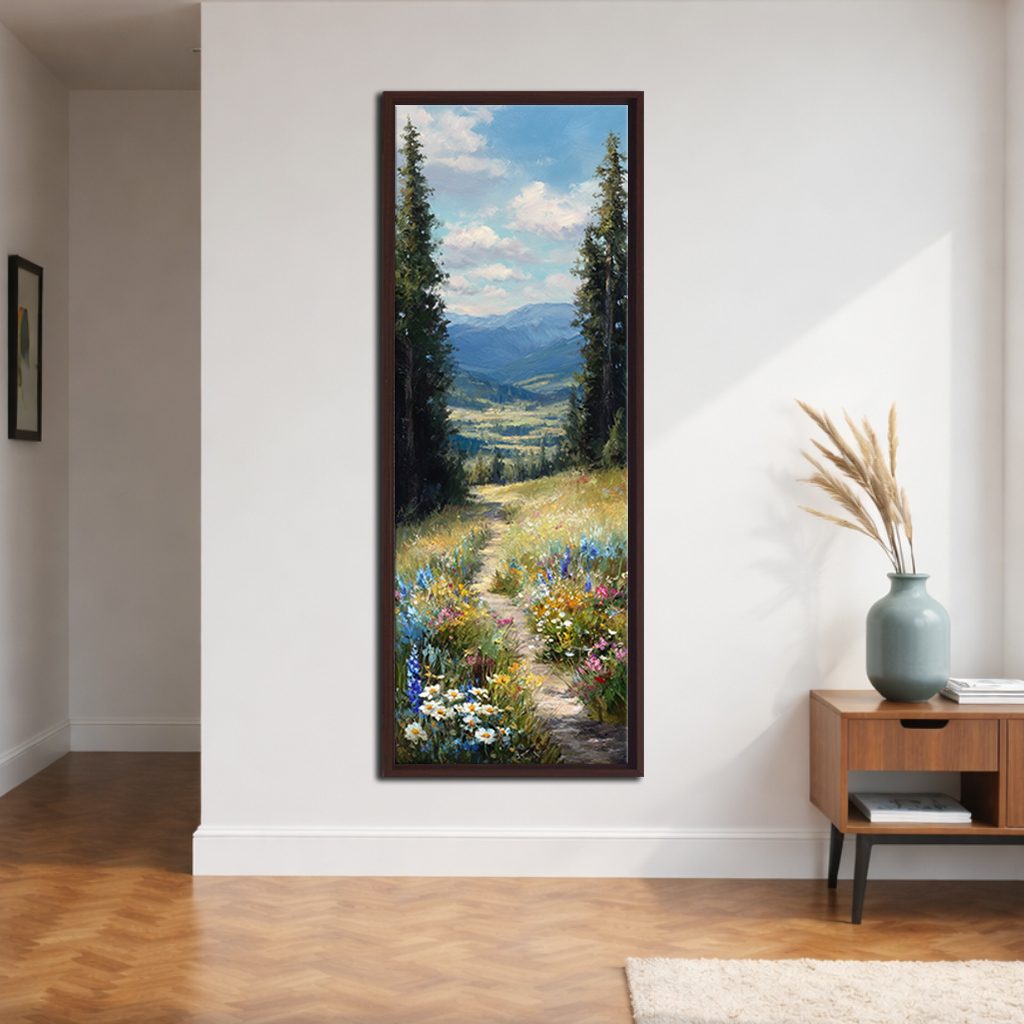Wildflower Meadow Mountain View canvas wall art, walnut floating frame